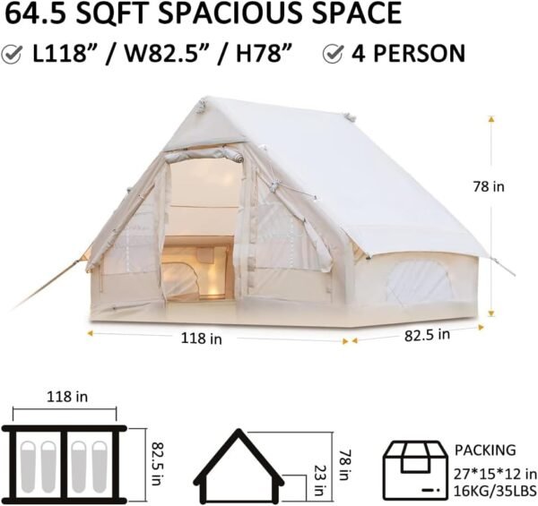 Inflatable Camping Tent with Pump, Easy Setup 4 Season Glamping Tent with High Performance Inflatable Structure, 4-6 Persons Waterproof Windproof Outdoor Self-Supporting Air Tent