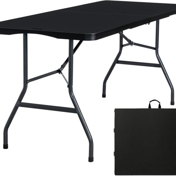 Folding Table 6ft Portable Heavy Duty Plastic Fold-in-Half 6 Foot Foldable Table Utility Dining Indoor Outdoor with Carrying Handle for Camping Picnic and Party, Black