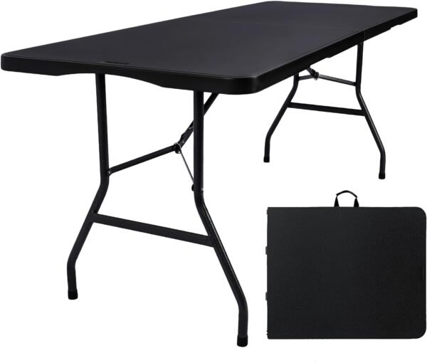 Folding Table 6ft Portable Heavy Duty Plastic Fold-in-Half 6 Foot Foldable Table Utility Dining Indoor Outdoor for Camping Picnic and Party, Black