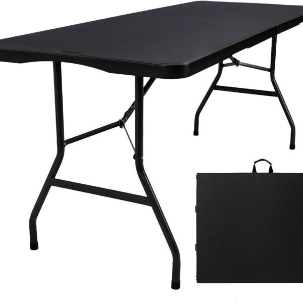 Folding Table 6ft Portable Heavy Duty Plastic Fold-in-Half 6 Foot Foldable Table Utility Dining Indoor Outdoor for Camping Picnic and Party, Black