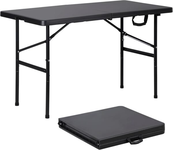 4ft Portable Folding Table Plastic Indoor Outdoor Picnic Party Camp Dining Table with Handle, Black