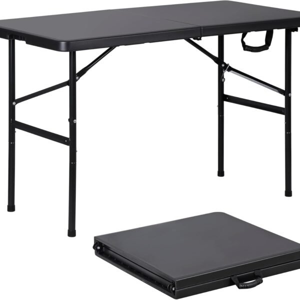 4ft Portable Folding Table Plastic Indoor Outdoor Picnic Party Camp Dining Table with Handle, Black