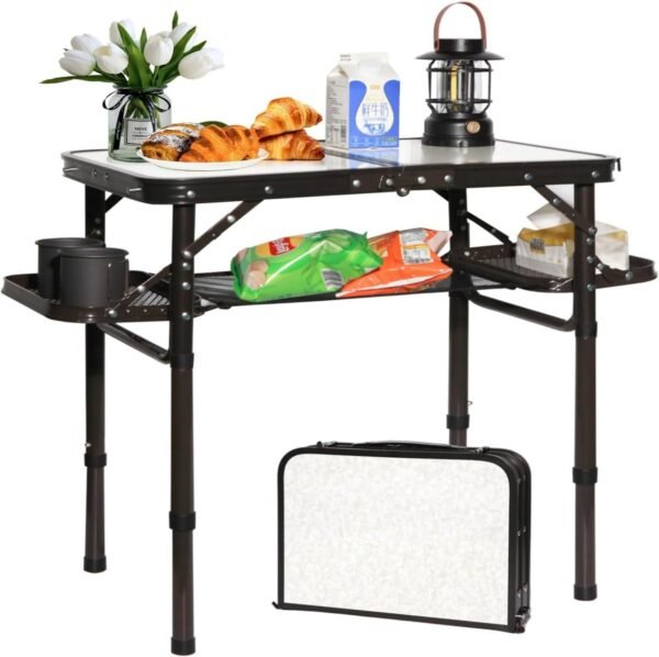 Folding Camping Table Outdoor Indoor Picnic BBQ Aluminum Lightweight Tall Camping Table 3-Height Adjustable 25in Max 50 Extra Space with Carry Handle & Mesh Pocket Small Foldable Table