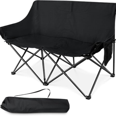 Folding Camping Chair, Portable Double Outdoor Loveseat for 2 Adults Person, Durable Foldable Collapsible Chairs for Camp Patio Picnic Beach Travel, Support 600Lbs, for Women & Men, Black