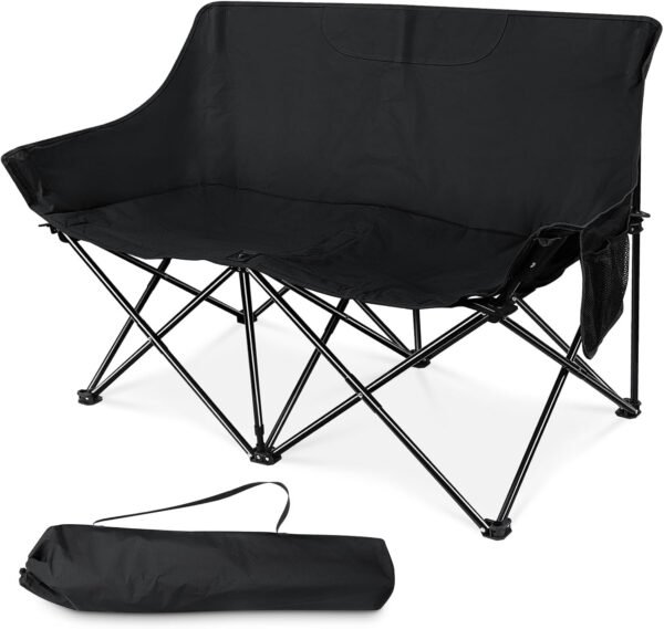 Folding Camping Chair, Portable Double Outdoor Loveseat for 2 Adults Person, Durable Foldable Collapsible Chairs for Camp Patio Picnic Beach Travel, Support 600Lbs, for Women & Men, Black