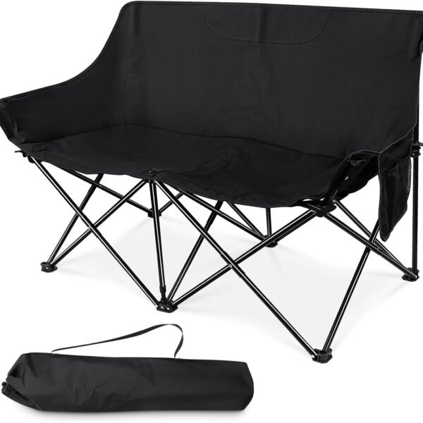 Folding Camping Chair, Portable Double Outdoor Loveseat for 2 Adults Person, Durable Foldable Collapsible Chairs for Camp Patio Picnic Beach Travel, Support 600Lbs, for Women & Men, Black
