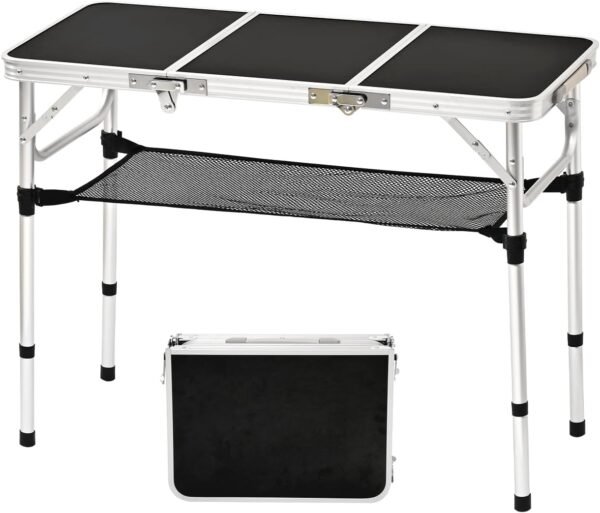 Tri-fold Folding Picnic Table, 3ft Camping Table Lightweight Portable Aluminum Outdoor Table with Adjustable Heights for Backyard BBQ Party