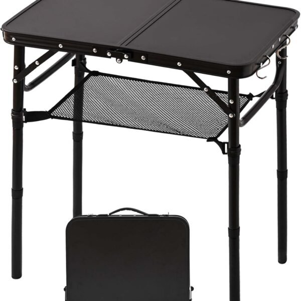 Folding Picnic Table with Storage Net, Matte Black Aluminum Folding Table 23.6" x 15.8", Adjustable Height Max 27", Lightweight Portable for Camping Travel Grill Indoor