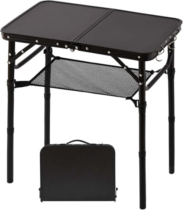 Folding Picnic Table with Storage Net, Matte Black Aluminum Folding Table 23.6" x 15.8", Adjustable Height Max 27", Lightweight Portable for Camping Travel Grill Indoor