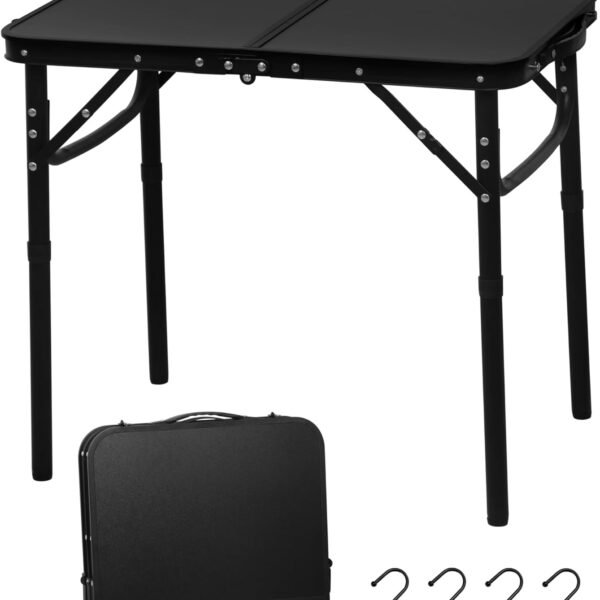 2026 Reinforced Small Folding Table Portable, Small Foldable Camping Table, Heavy-Duty Mini Folding | Adjustable Height | Lightweight Premium Aluminum with Handle | Black 25"x16"x22"