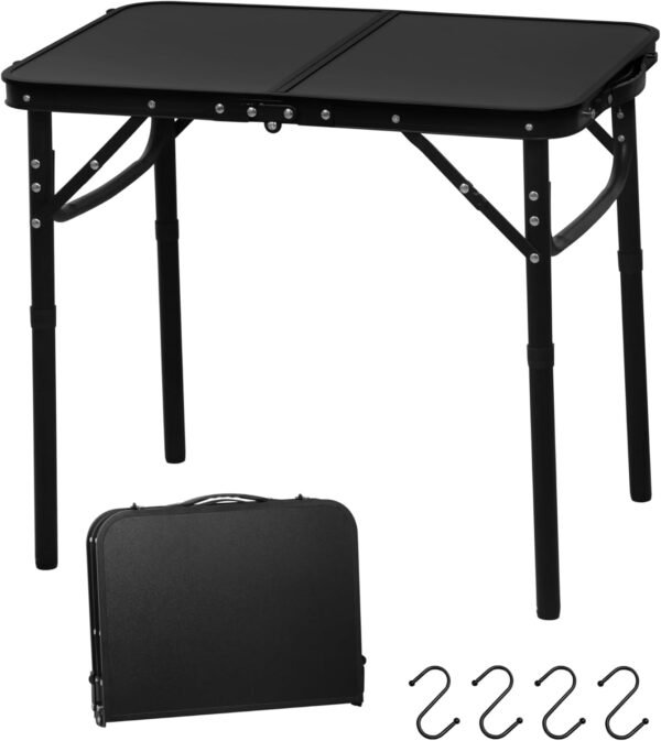 2026 Reinforced Small Folding Table Portable, Small Foldable Camping Table, Heavy-Duty Mini Folding | Adjustable Height | Lightweight Premium Aluminum with Handle | Black 25"x16"x22"