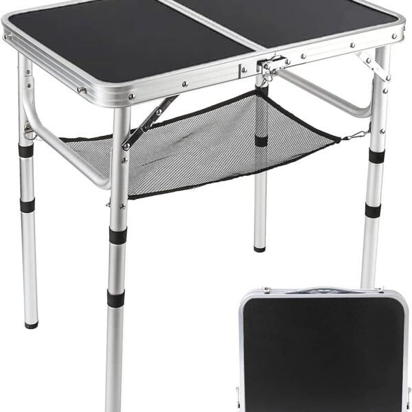 Small Folding Table 2 Foot, Portable Camping Table with Mesh Holders,Lightweight Aluminum Adjustable Height, with Carry Handle for Camping Picnic Indoor Outdoor, White 24 x 16 inch (Black