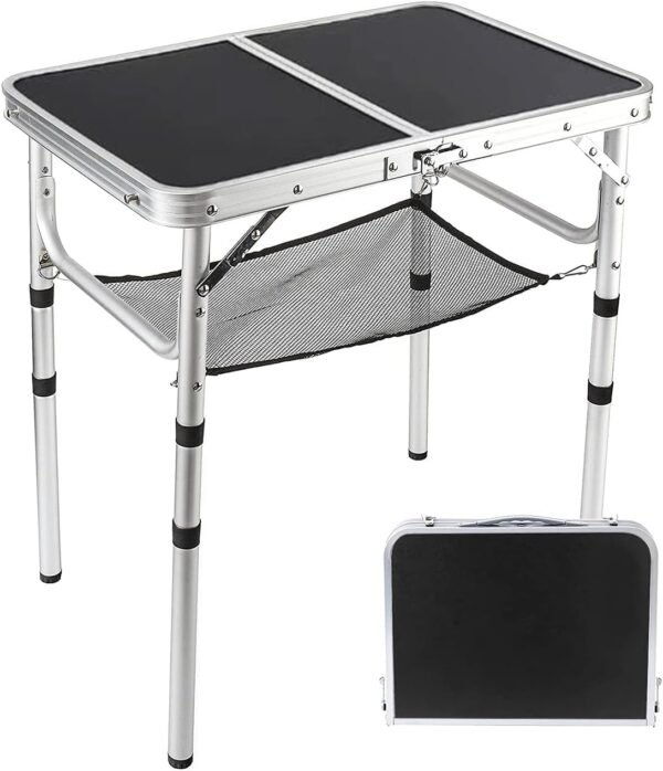 Small Folding Table 2 Foot, Portable Camping Table with Mesh Holders,Lightweight Aluminum Adjustable Height, with Carry Handle for Camping Picnic Indoor Outdoor, White 24 x 16 inch (Black