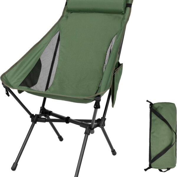 Portable High Back Camping Chair, Support Heavy Duty 440 lbs, Compact Folding Backpacking Chair with Detachable Pillow for Camp, Hiking, Backpacking(Green)