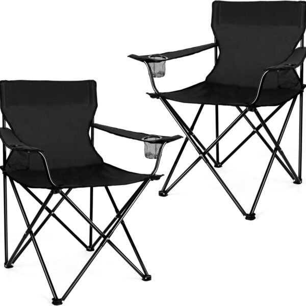 Portable Camping Chair, Outdoor Lawn Folding Chairs for Adults, Heavy Duty Large Foldable Chairs for Beach, Fishing, Tailgating and More Outdoor Sport, Carry Bag & Cup Holder (2, Black)