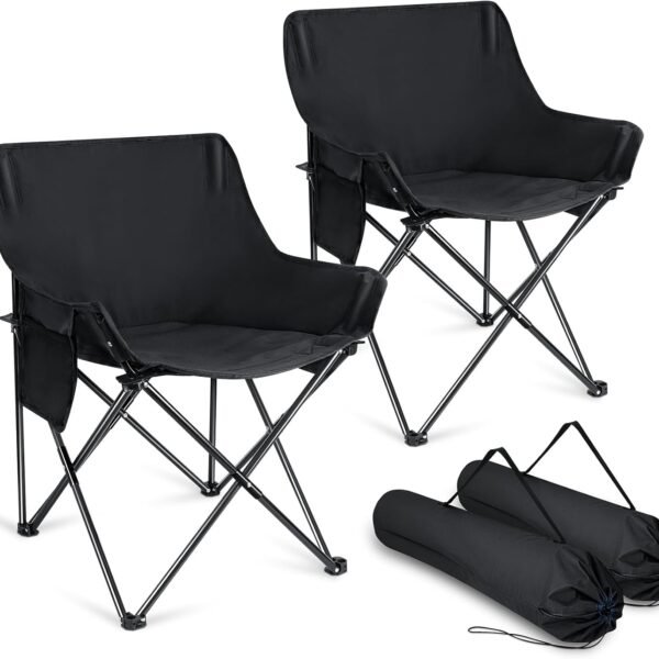 Outdoor Camping Chair for Adult, Large Portable Folding Moon Chairs with Carry Bag for Patio Beach, Fishing, Lawn and More Outdoor Sports, 600D Oxford Fabric & Heavy Duty Steel (2, Black)