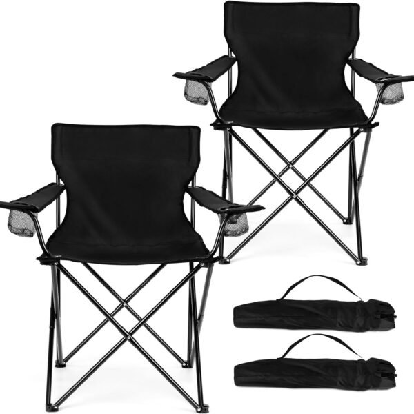 Foldable Camping Chair Set of 2, Folding Camp Chairs for Adults, Large Portable Lawn Chair for Outdoors Fishing, Hiking, Travel, Picnic, Beach, Supports 275lbs & Include Storage Bags (Black)