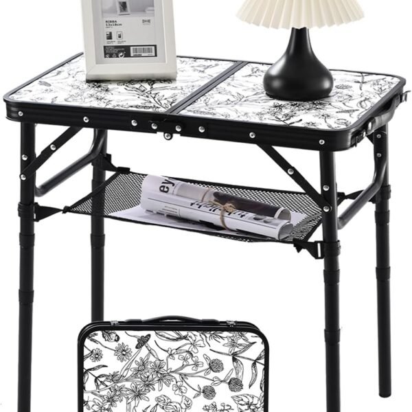 Toile de Jouy-Inspired Camping Table, Vintage French Floral Pattern Folding Table, Adjustable Height, Lightweight & Portable Outdoor Picnic Table with Carry Handle for Patio, Living Room, Travel