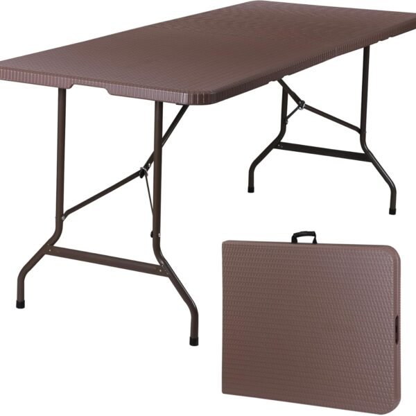 SUPER DEAL 6FT Folding Table for Indoor Outdoor, Portable Heavy Duty Fold-in-Half Plastic Dining Picnic Party Camping Table with Carrying Handle, Brown