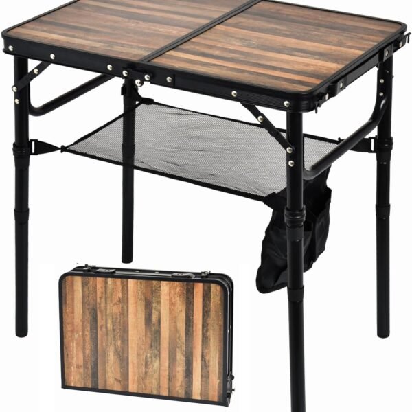 Small Folding Camping Table, 2ft Portable Picnic Table Aluminum 24" x 16" Folding Table, 3 Adjustable Heights Portable Lightweight Table Dining Table for RV, Picnic, Beach (Wood Grain)