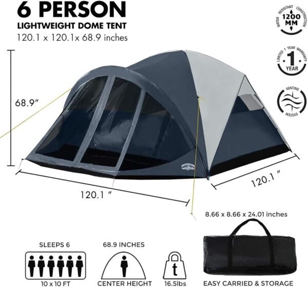 6 Person Dome Tent w/ Removable Rain Fly and Screen Room, Water Resistant - Navy/Gray