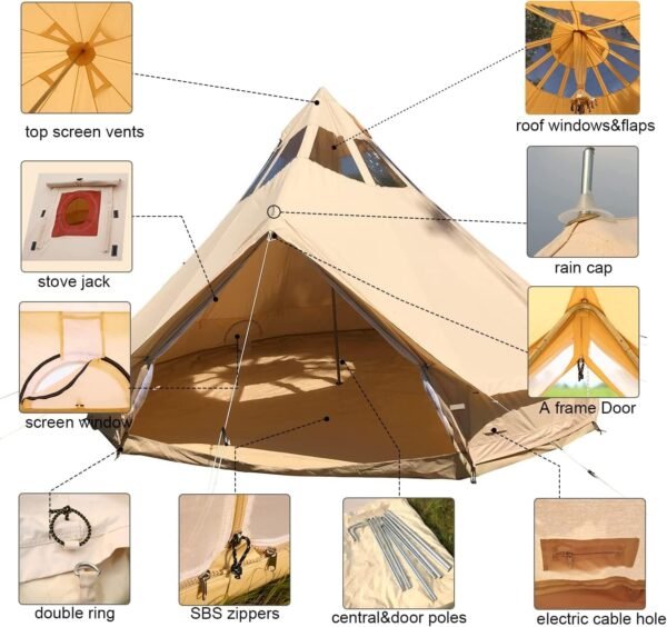 Bell Tent 4 Season Waterproof Cotton Canvas Glamping Yurt Tent with Stove Jack Hole and Roof Windows for 6-8 Persons Camping Hunting