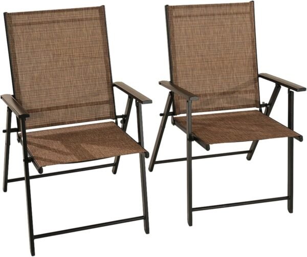 Patio Folding Chairs Set of 2, Outdoor Lawn Chairs with Rustproof Metal Frame, Portable Dining Chairs for Porch, Deck, Garden, Backyard, Camping(Brown)