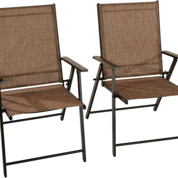 Patio Folding Chairs Set of 2, Outdoor Lawn Chairs with Rustproof Metal Frame, Portable Dining Chairs for Porch, Deck, Garden, Backyard, Camping(Brown)