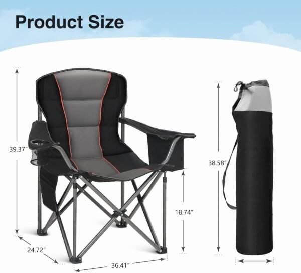 Oversized Portable Camping Folding Chair, Heavy Duty Foldable Outdoor Chair, Camp Lawn Chair for Adults with Cup Holder and Cooler Bag Support 450 LBS, Black