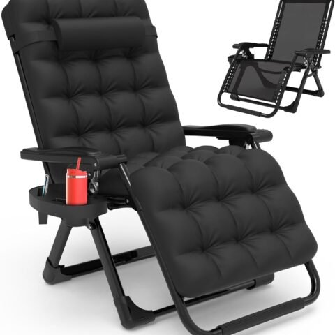 Zero Gravity Chair Lounge Chair Recliner w/Upgraded Lock and Removable Cushion, Reclining Camping Chair w/Cup Holder Tray & Headrest, Folding Reclining Patio Chairs for Indoor Outdoor, Black