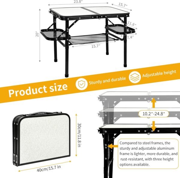 Folding Camping Table Outdoor Indoor Picnic BBQ Aluminum Lightweight Tall Camping Table 3-Height Adjustable 25in Max 50 Extra Space with Carry Handle & Mesh Pocket Small Foldable Table