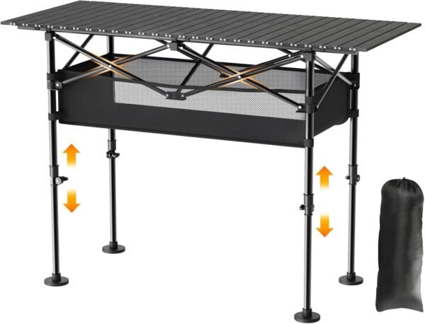 Height Adjustable Camping Table, Outdoor Folding Camping Table with Mesh Storage/Carrying Bag, Portable Aluminum Roll-up Table for Camping, Party, Backyard, BBQ