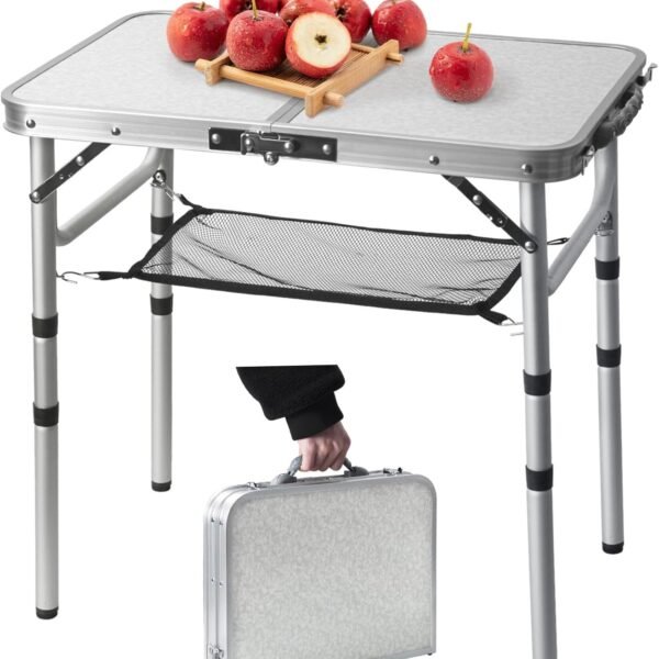 Small Folding Table 2FT Lightweight Portable Aluminum Camping Table for Picnic and Camping Mini Foldable with Adjustable Extended Height,Silver