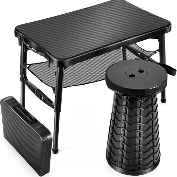 Retractable Small Folding Table and Stool Set, Portable Camping Foldable Table Lightweight Yet More Sturdy with Adjustable Stool for Outdoor Picnic, Beach, Camp, Also Ideal as Laptop Bed Desk