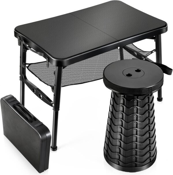 Retractable Small Folding Table and Stool Set, Portable Camping Foldable Table Lightweight Yet More Sturdy with Adjustable Stool for Outdoor Picnic, Beach, Camp, Also Ideal as Laptop Bed Desk
