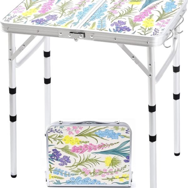 Folding Camping Table 2ft Portable Pinic Table Adjustable Height Small Card Table Aluminum Foldable Lightweight with Carry Handle for Outdoor Indoor Hiking Camp BBQ Beach (Blooming Floral)