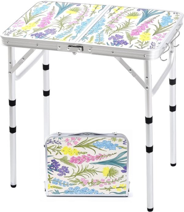 Folding Camping Table 2ft Portable Pinic Table Adjustable Height Small Card Table Aluminum Foldable Lightweight with Carry Handle for Outdoor Indoor Hiking Camp BBQ Beach (Blooming Floral)
