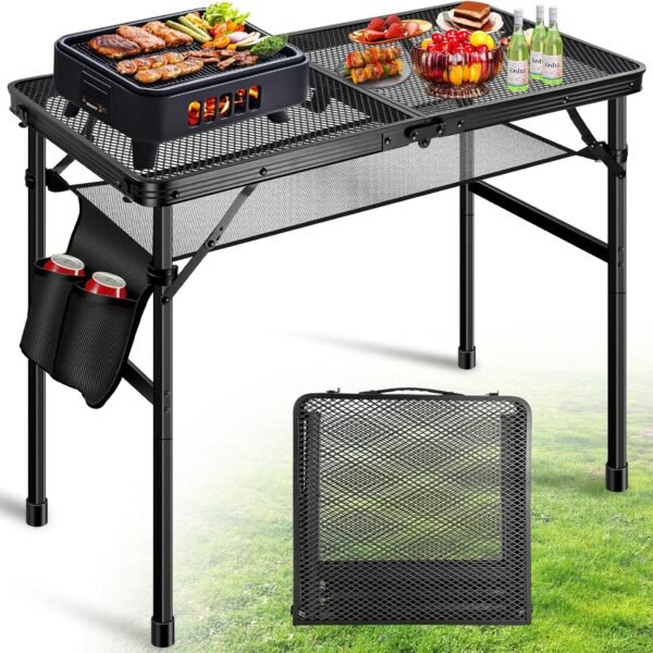 Upgraded Folding Grill Table - Metal Portable Camping Table, Height Adjustable, Lightweight Foldable for Outside BBQ