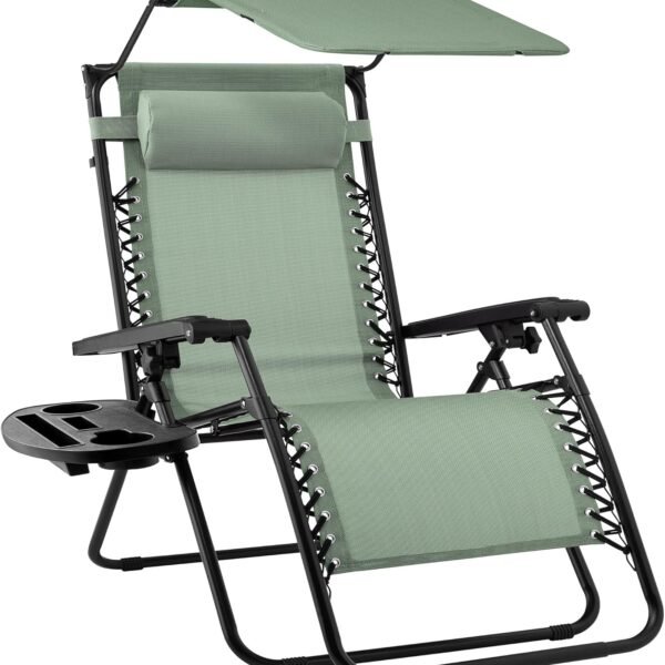 Folding Zero Gravity Outdoor Recliner Patio Lounge Chair w/Adjustable Canopy Shade, Headrest, Side Accessory Tray, Textilene Mesh - Sage Green