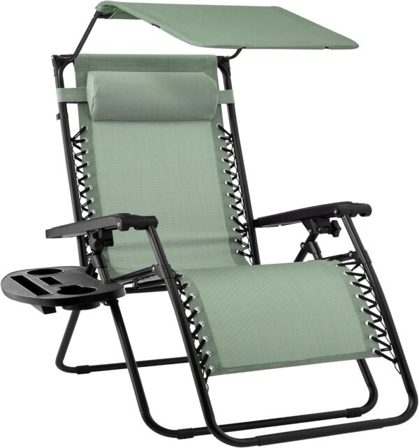 Folding Zero Gravity Outdoor Recliner Patio Lounge Chair w/Adjustable Canopy Shade, Headrest, Side Accessory Tray, Textilene Mesh - Sage Green