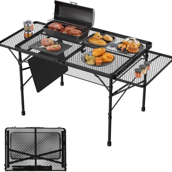 Folding Table with 2 Wing Panels, 3x2 FT Camping Table with Mesh Desktop,Height Adjustable Folding Grill Table with Mesh Bag,Portable Outdoor Table for Picnic,Camping,BBQ,Beach(Black)